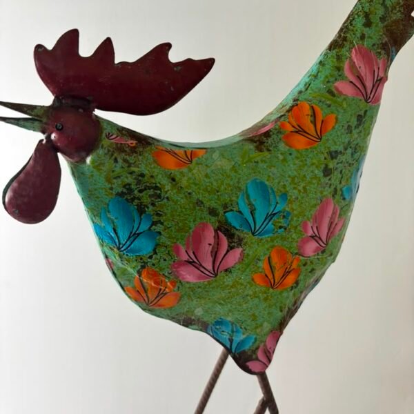 Hand-Painted Green Metal Tin Rooster