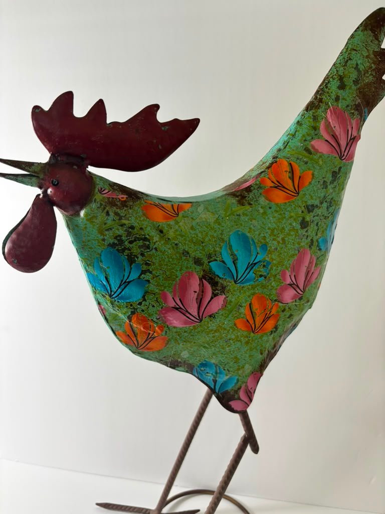 Hand-Painted Green Metal Tin Rooster