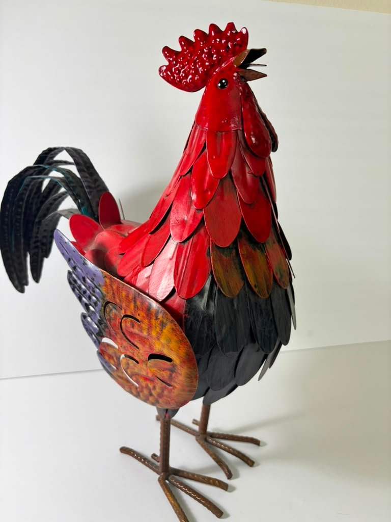 Hand-Painted Tin Metal Rooster Sculpture