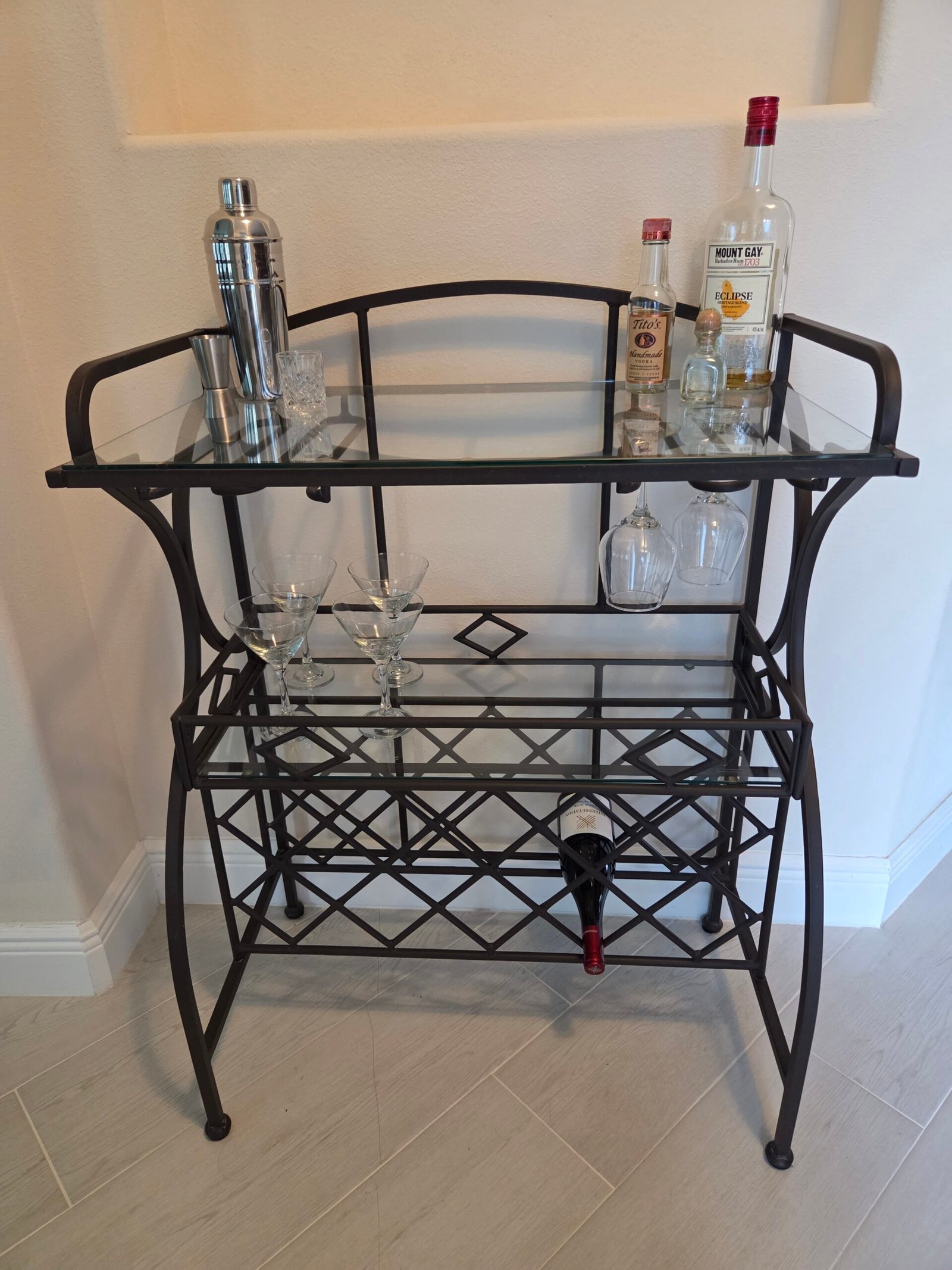 Freestanding Metal Wine & Bar Rack with Glass Shelves and Stemware Storage - Image 3