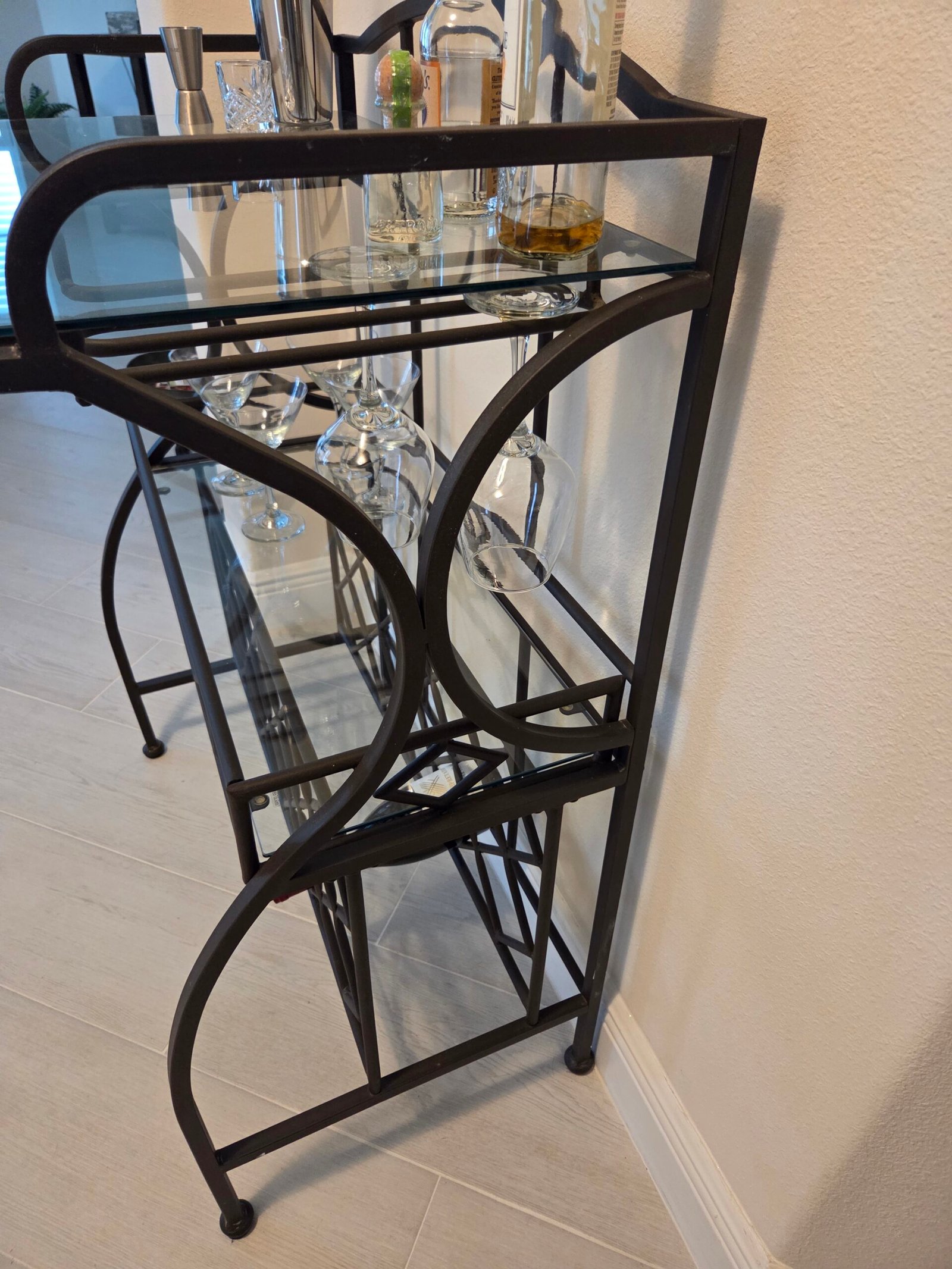 Freestanding Metal Wine & Bar Rack with Glass Shelves and Stemware Storage - Image 6