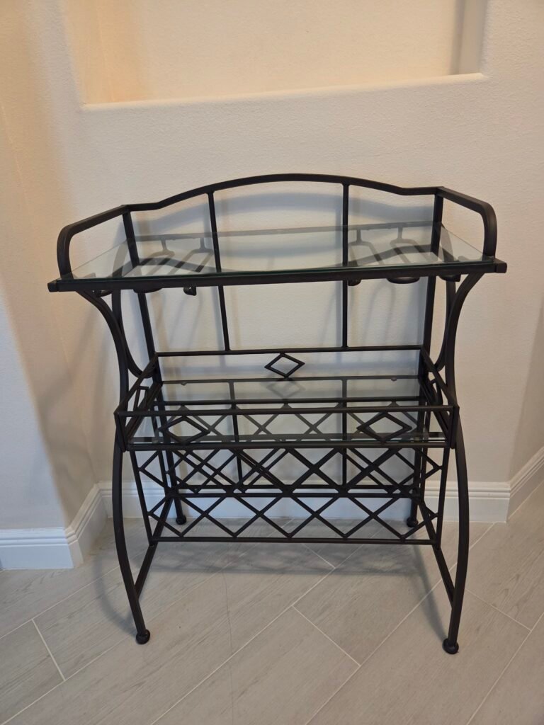 Freestanding Metal Wine & Bar Rack with Glass Shelves and Stemware Storage