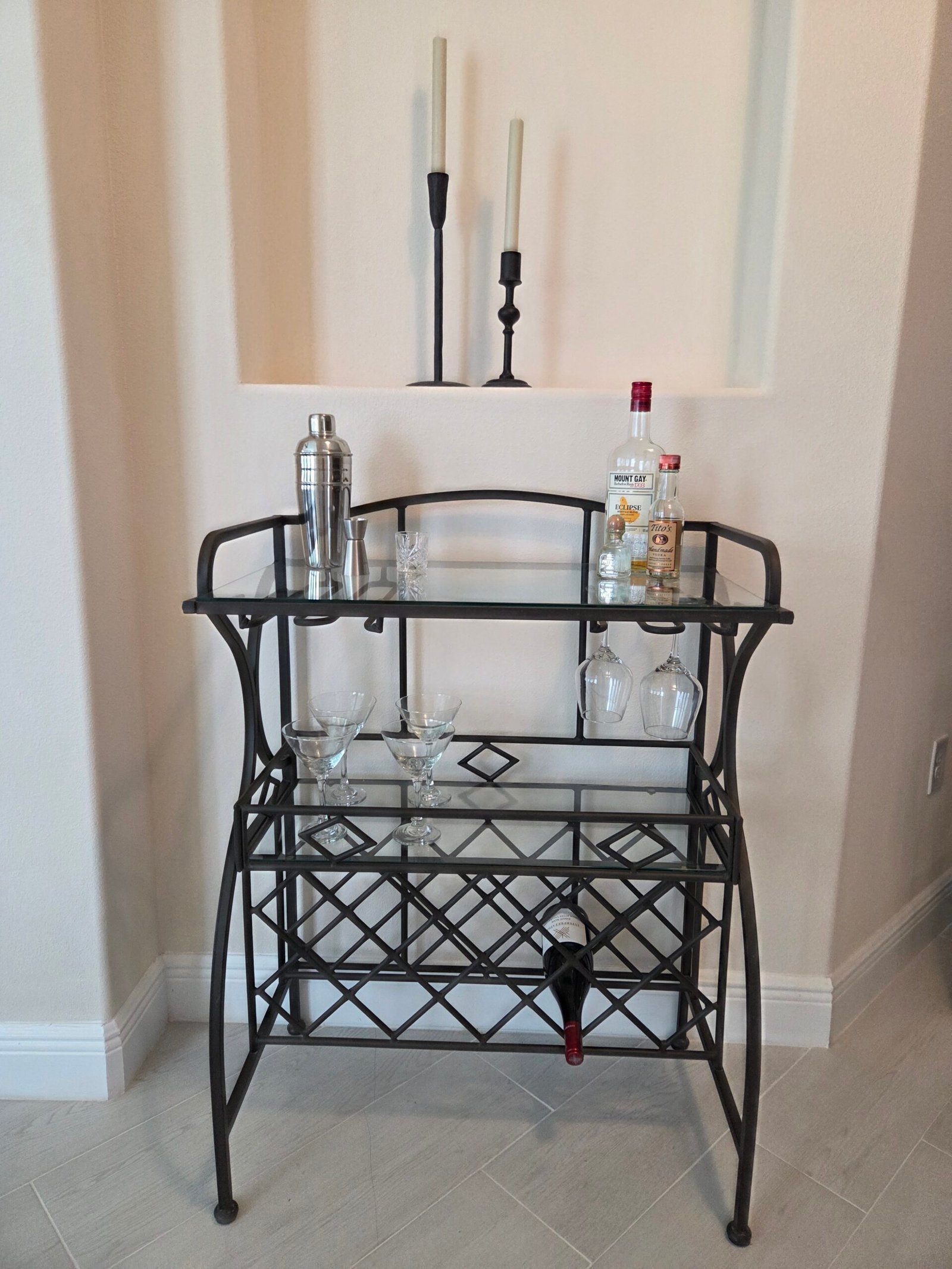 Freestanding Metal Wine & Bar Rack with Glass Shelves and Stemware Storage - Image 12