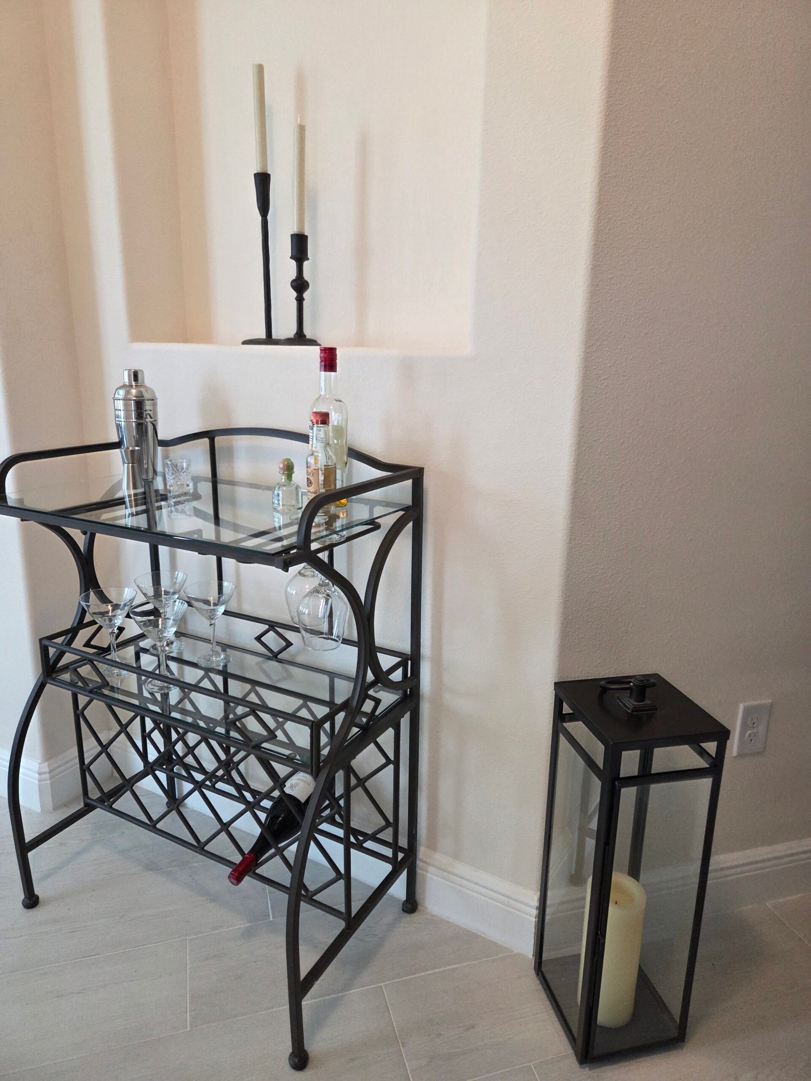 Freestanding Metal Wine & Bar Rack with Glass Shelves and Stemware Storage - Image 8
