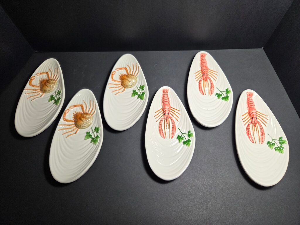Rare mid-century Bassano Italian appetizer ceramic seafood plates. Set 6