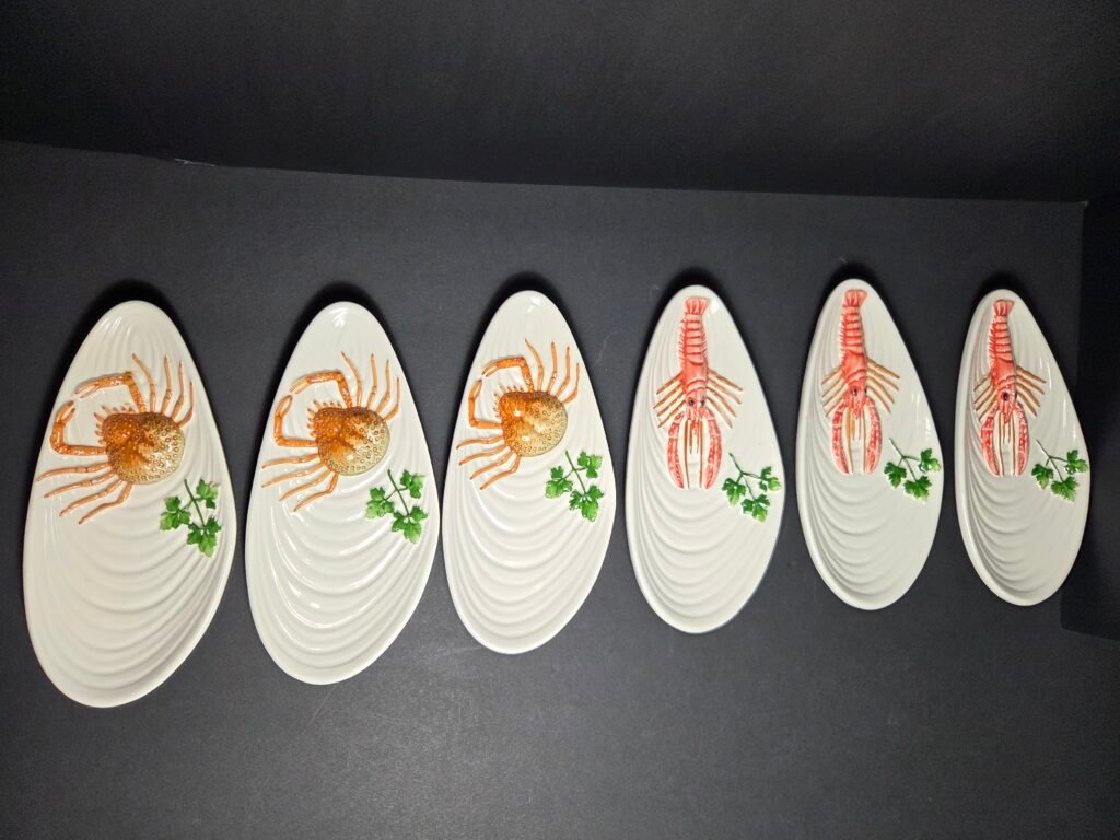 Rare mid-century Bassano Italian appetizer ceramic seafood plates. Set 6