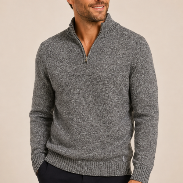 Calvin Klein men’s quarter-zip sweater in a versatile heather gray knit.