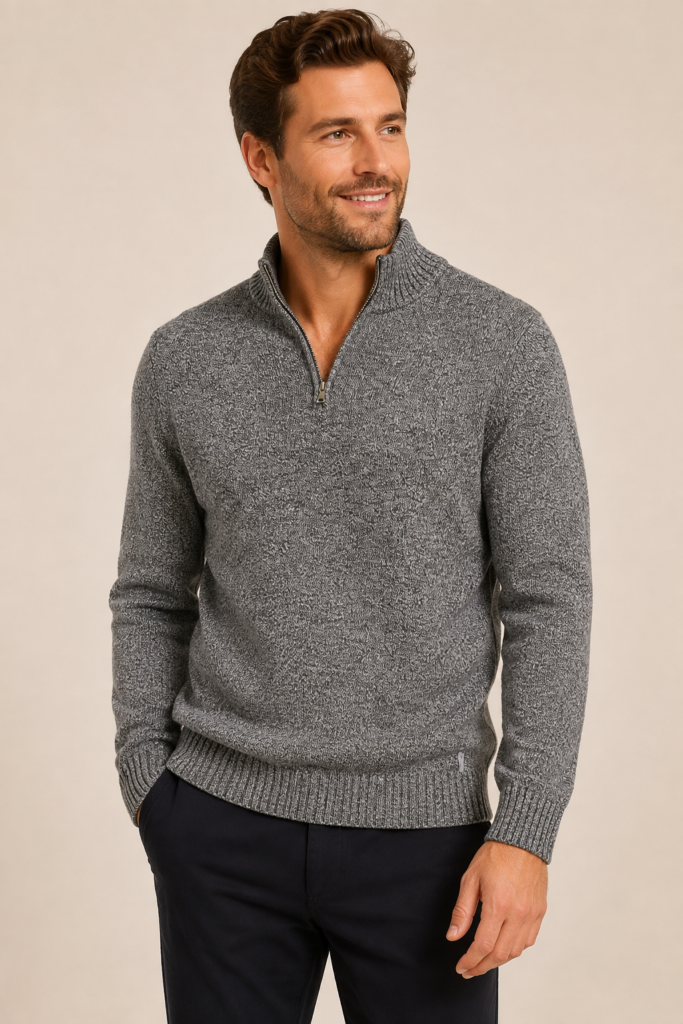 Calvin Klein men’s quarter-zip sweater in a versatile heather gray knit.
