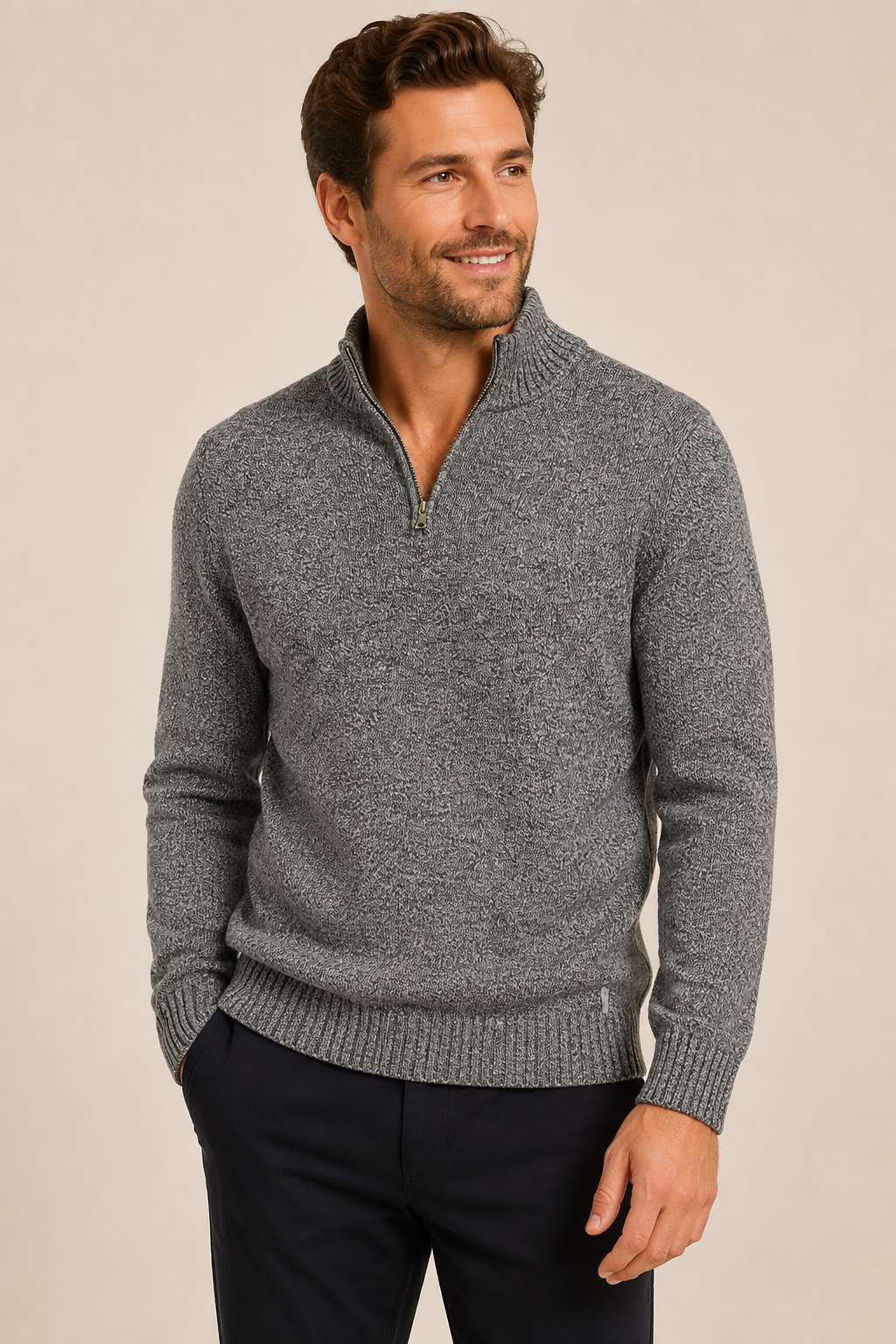 Calvin Klein men’s quarter-zip sweater in a versatile heather gray knit.