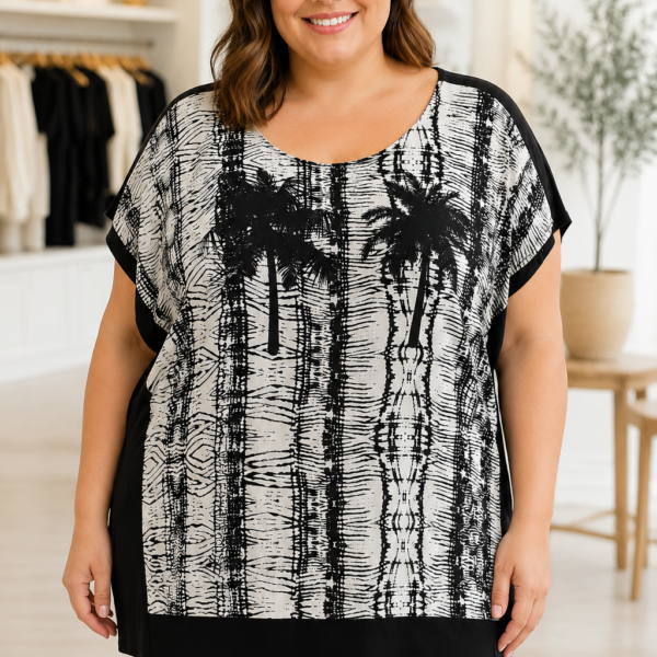 Bobeau women’s black-and-ivory printed tunic top in size XL.