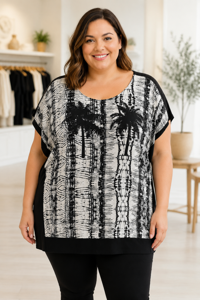 Bobeau women’s black-and-ivory printed tunic top in size XL.