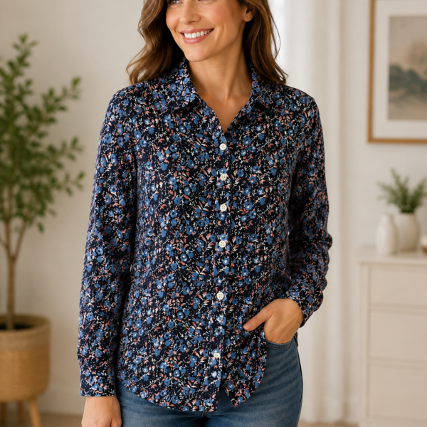 Route 66 Women’s Navy Floral Button-Up Long Sleeve Shirt