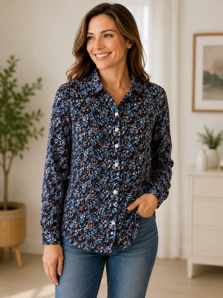 Route 66 Women’s Navy Floral Button-Up Long Sleeve Shirt