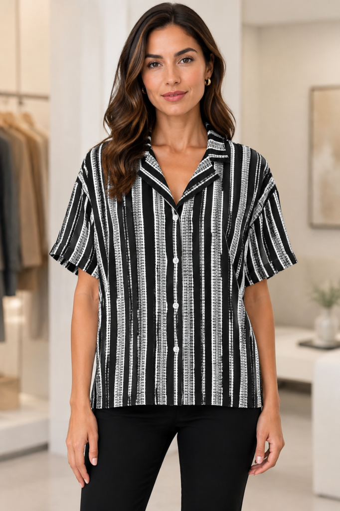 Jones New York women’s black-and-white geometric striped blouse in size Large.
