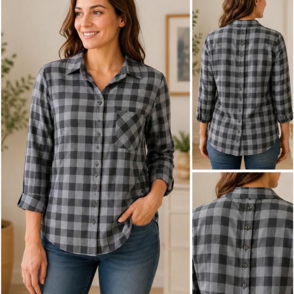 Faded Glory Women’s Black & Gray Plaid Button-Up Shirt