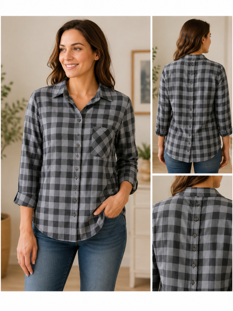 Faded Glory Women’s Black & Gray Plaid Button-Up Shirt