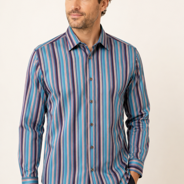 Bugatchi Men’s Shaped Fit Multicolor Striped Long-Sleeve Button-Up Shirt