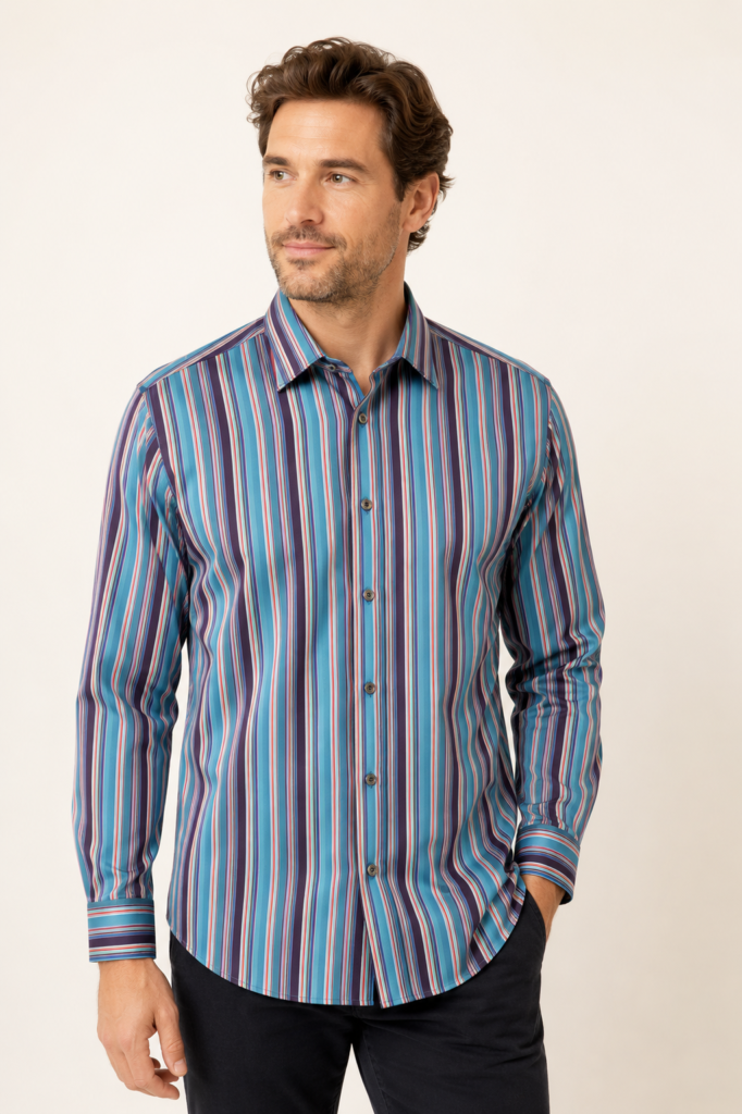 Bugatchi Men’s Shaped Fit Multicolor Striped Long-Sleeve Button-Up Shirt