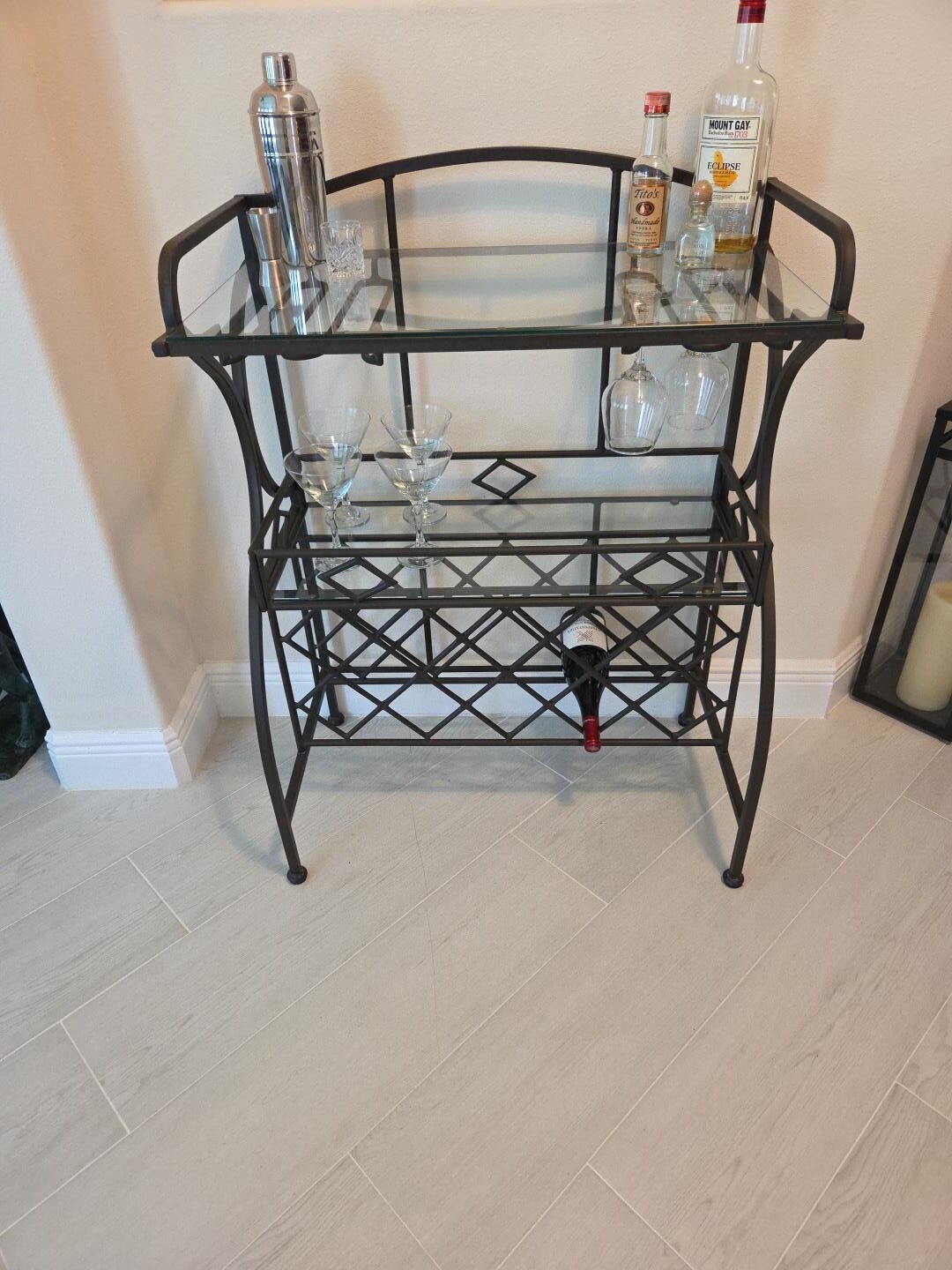 Freestanding Metal Wine & Bar Rack with Glass Shelves and Stemware Storage - Image 2